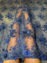 3D Floral Embroidered Beaded Tulle Lace Navy