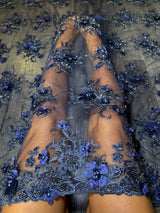3D Floral Embroidered Beaded Tulle Lace Navy