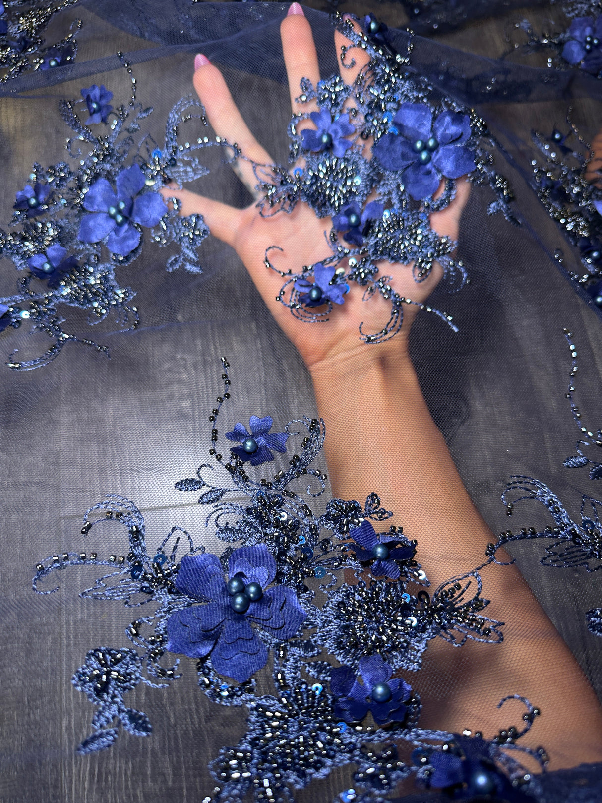 3D Floral Embroidered Beaded Tulle Lace Navy