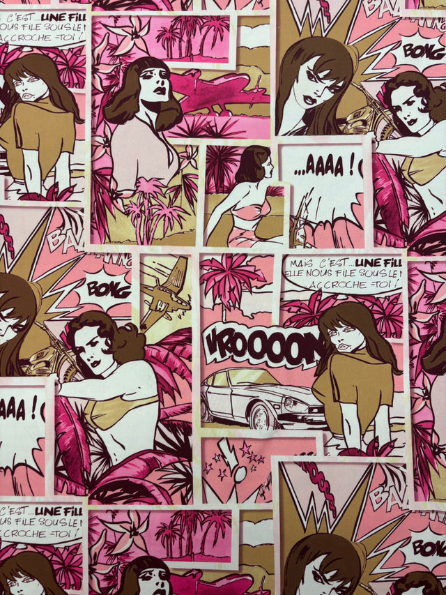Pink Comic Book Print Spandex Fabric - Pink Comic Book Print, 58"/60" Width (1 Yard)