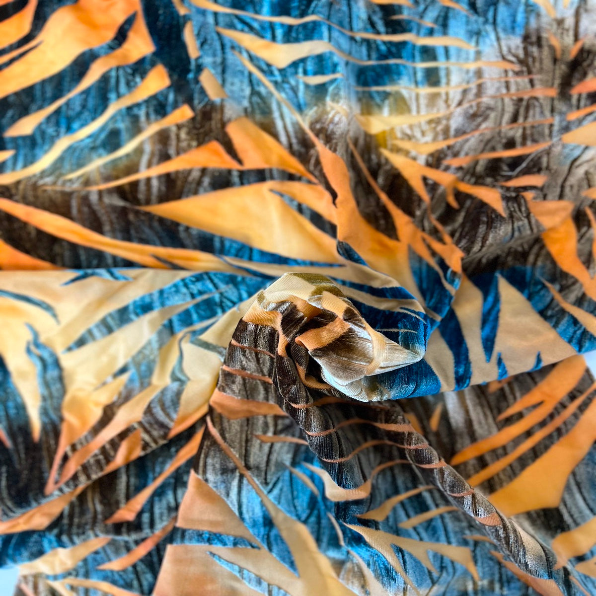 Palm Tree Floral Burnout Stretch Velvet Spandex Fabric - Blue Tie Dye, 60" Width (1 Yard)