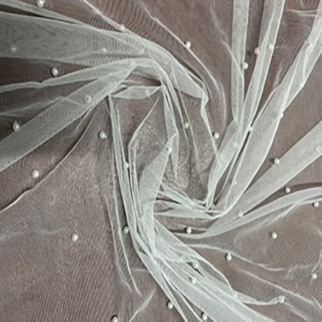 Polyester Mesh Fabric with Sewn Pearls White 52"
