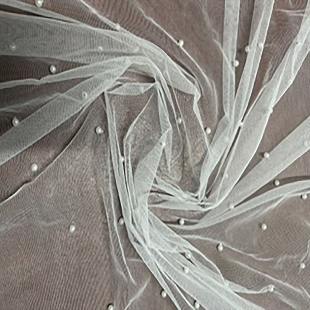 Polyester Mesh Fabric with Sewn Pearls White 52"