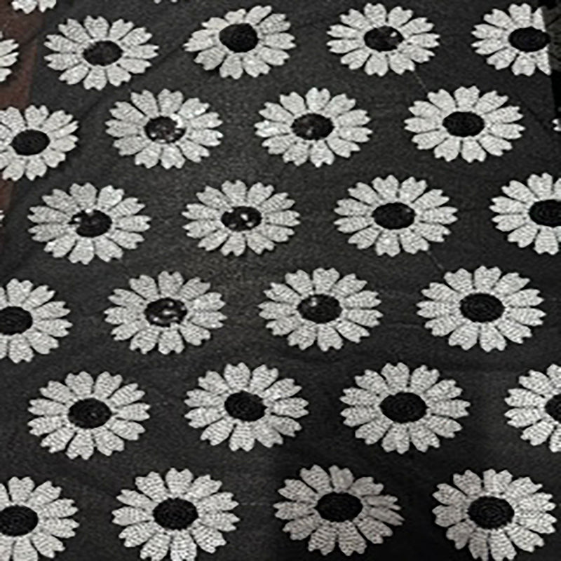 Polyester Mesh Fabric Daisy Sequin Black White 50"