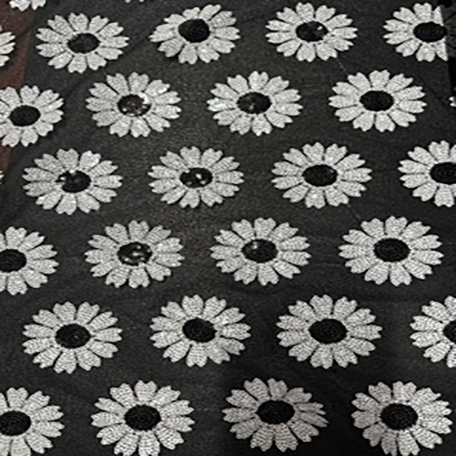 Polyester Mesh Fabric Daisy Sequin Black White 50"