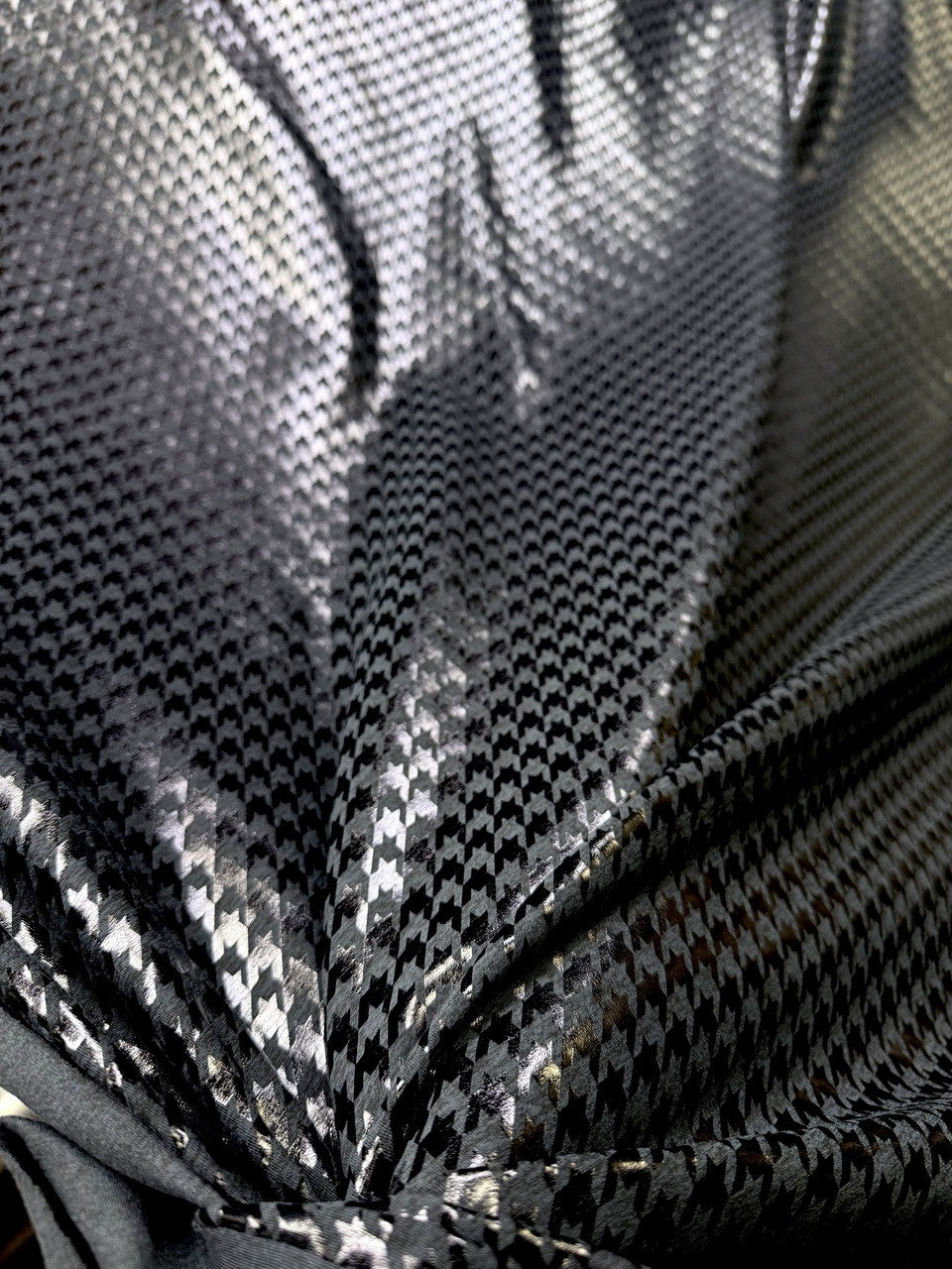 New Navy Or Black Houndstooth Foil Nylon Spandex Supplex Fabric - Navy, Black Houndstooth, 58" Width