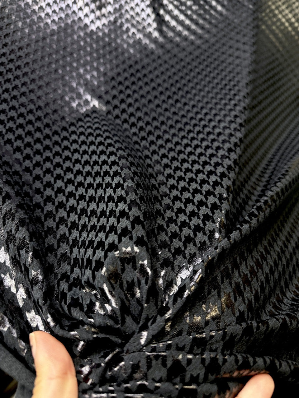 New Navy Or Black Houndstooth Foil Nylon Spandex Supplex Fabric - Navy, Black Houndstooth, 58" Width