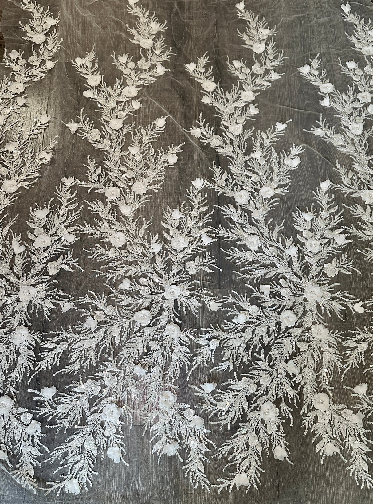 White 3D Floral Branch Sequin Beaded Lace