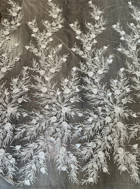 White 3D Floral Branch Sequin Beaded Lace