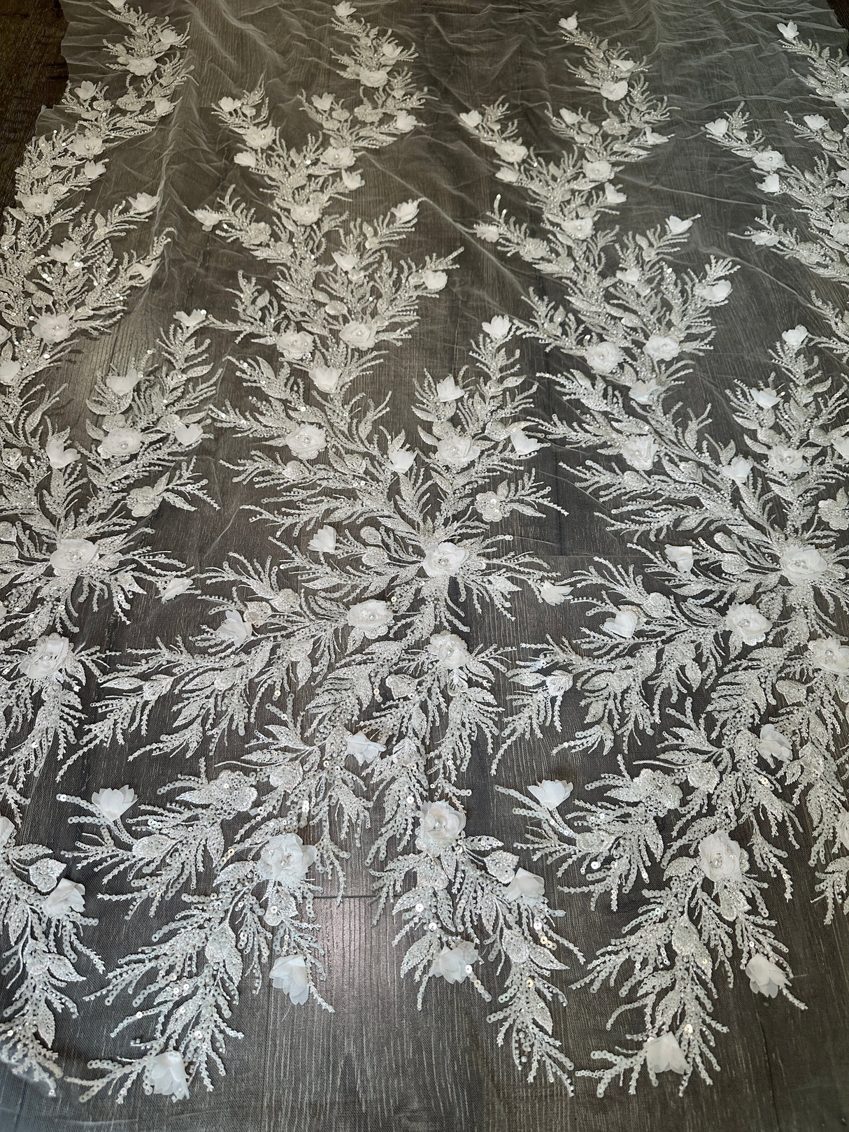 White 3D Floral Branch Sequin Beaded Lace