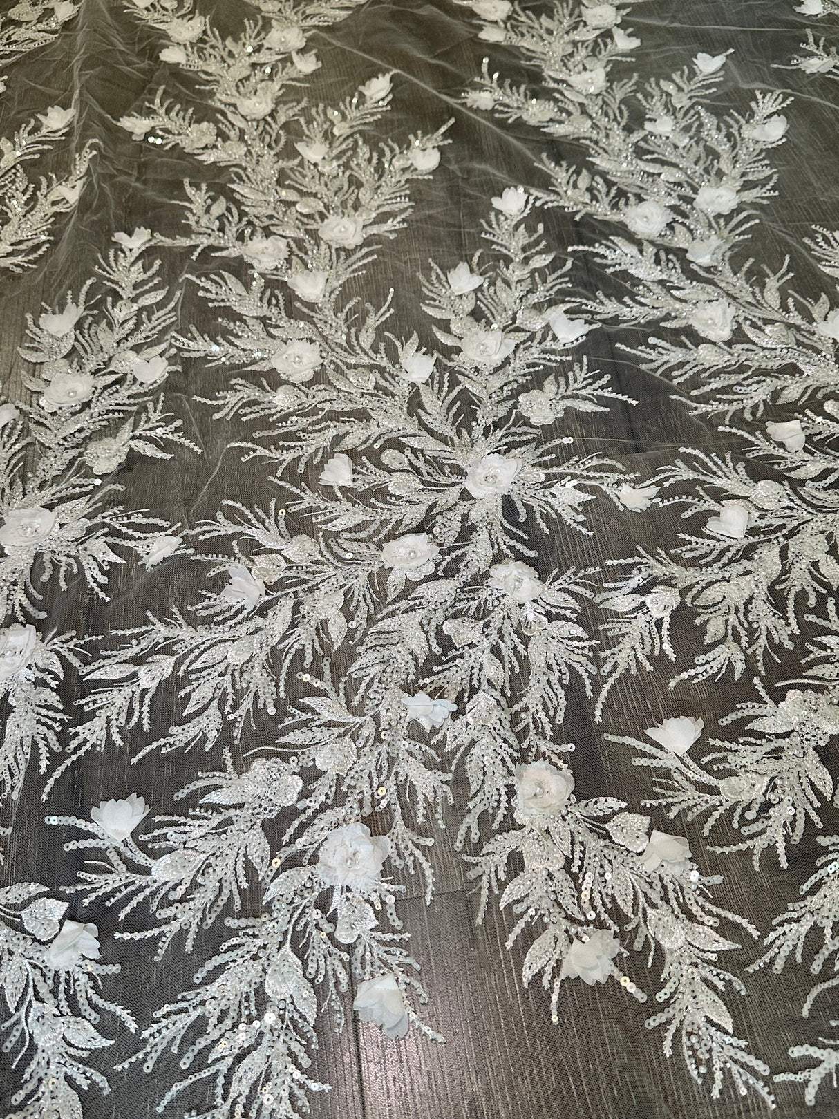 White 3D Floral Branch Sequin Beaded Lace