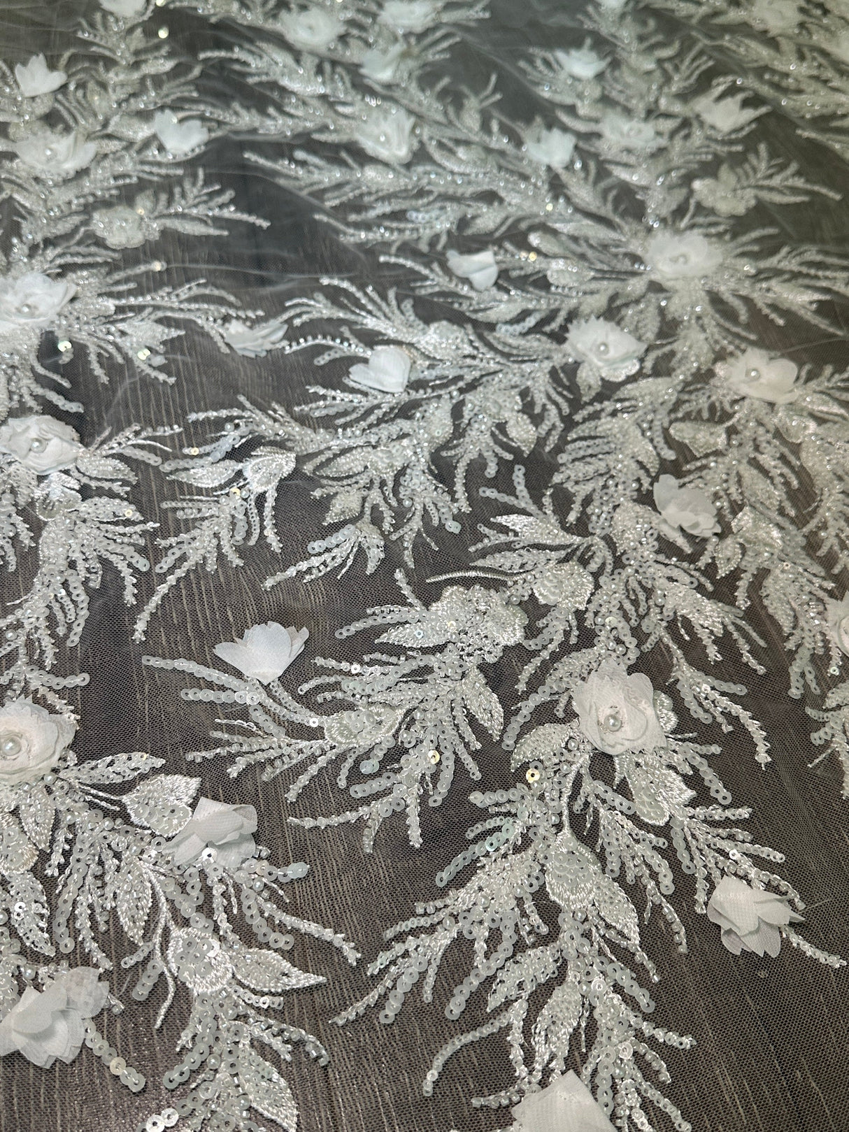 White 3D Floral Branch Sequin Beaded Lace