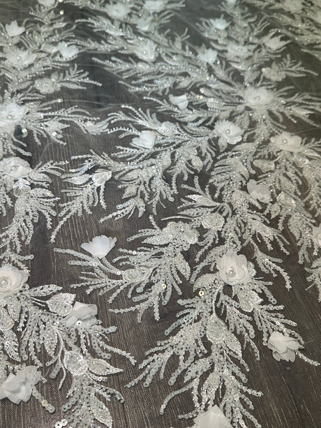 White 3D Floral Branch Sequin Beaded Lace