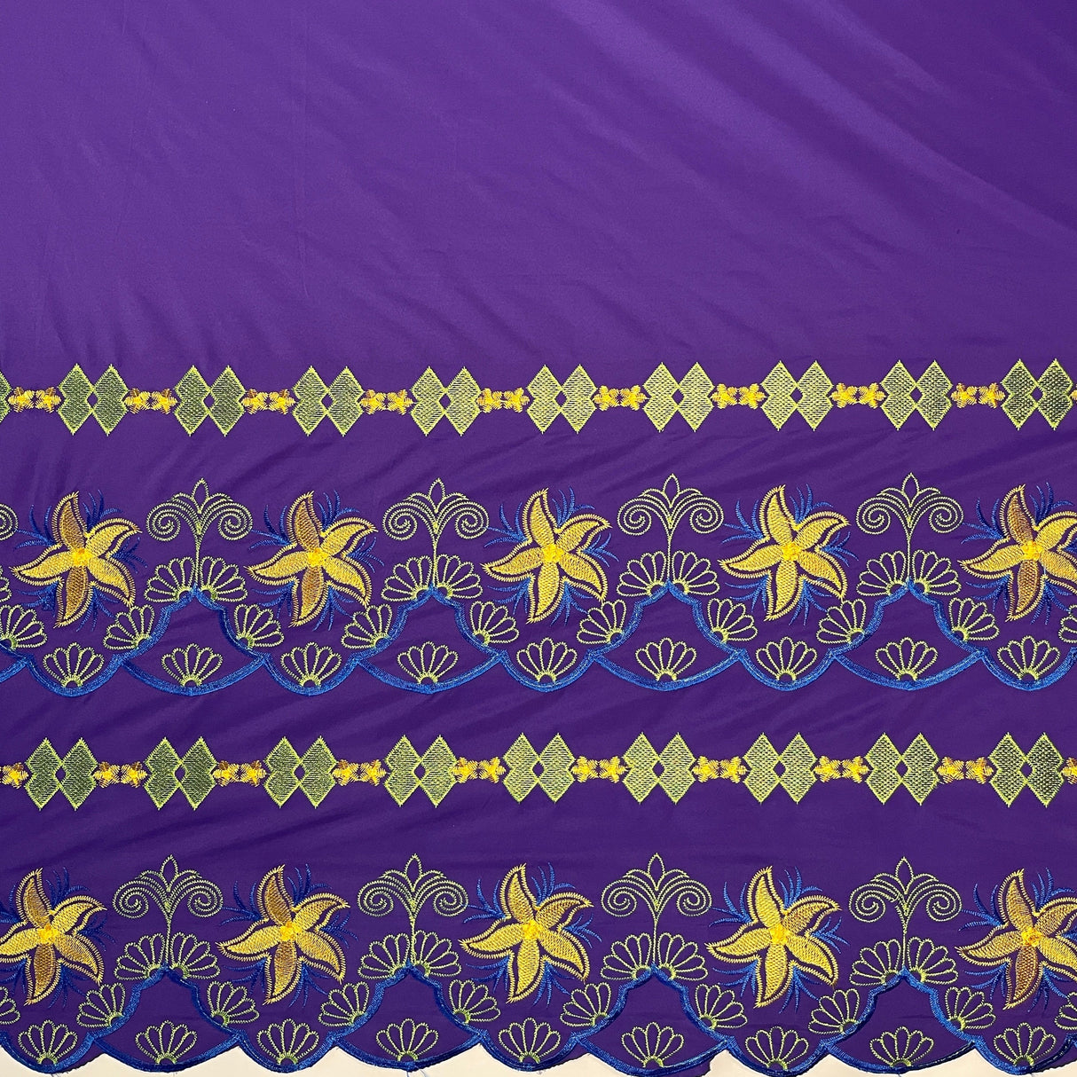 Plumeria Flower Embroidered Double Border Polyester Fabric - Multi Color Floral Border, 56" Width (1 Yard)