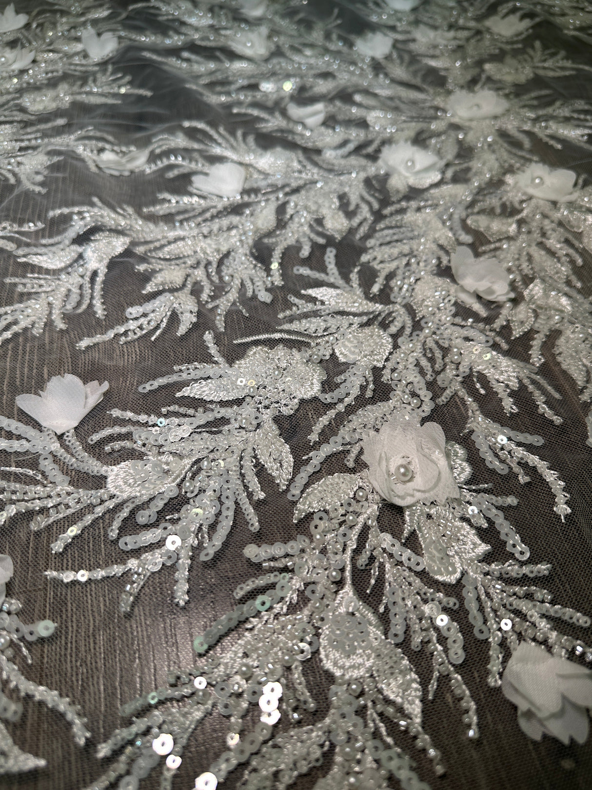 White 3D Floral Branch Sequin Beaded Lace