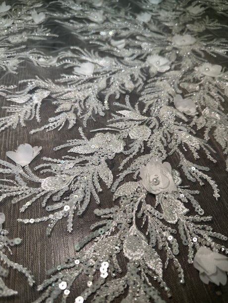 White 3D Floral Branch Sequin Beaded Lace