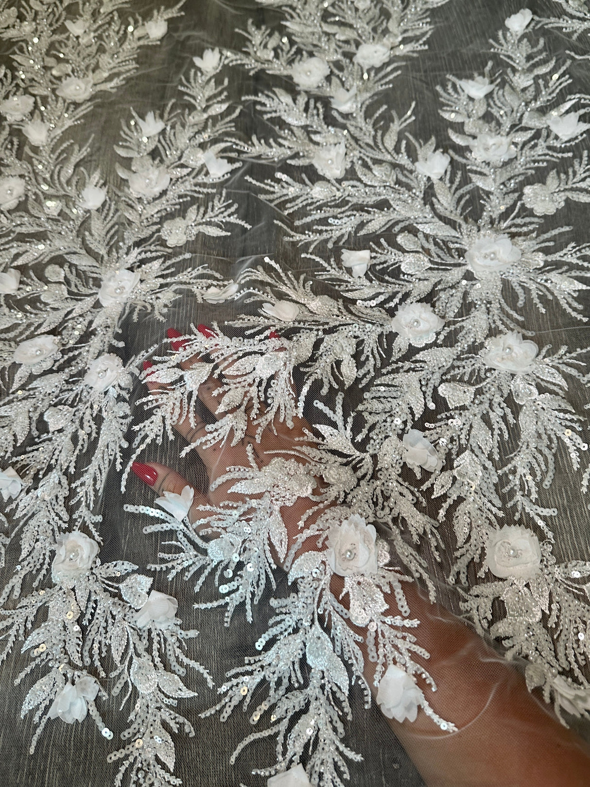 White 3D Floral Branch Sequin Beaded Lace