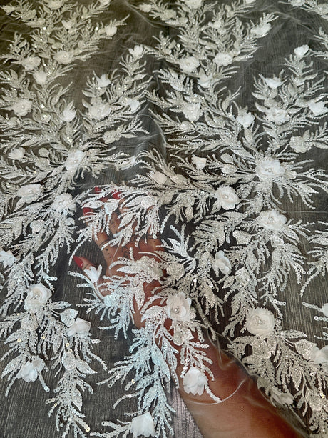 White 3D Floral Branch Sequin Beaded Lace