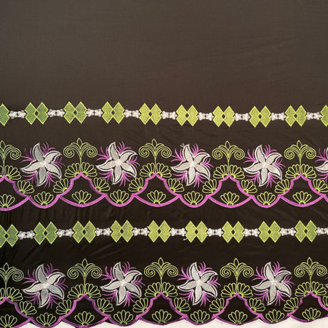 Plumeria Flower Embroidered Double Border Polyester Fabric - Multi Color Floral Border, 56" Width (1 Yard)