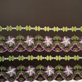 Plumeria Flower Embroidered Double Border Polyester Fabric - Multi Color Floral Border, 56" Width (1 Yard)