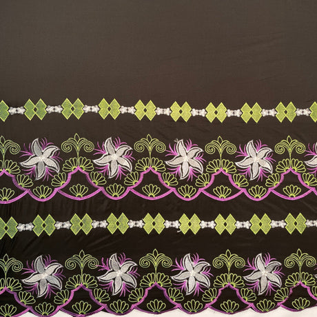 Plumeria Flower Embroidered Double Border Polyester Fabric - Multi Color Floral Border, 56" Width (1 Yard)