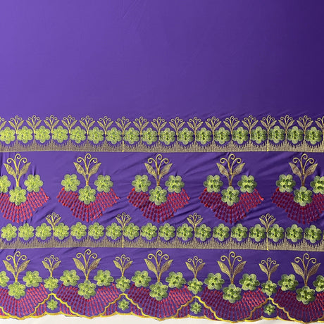 Hibiscus Double Border Embroidered Polyester Fabric - Floral Embroidery, Multi Color Border, 56" Width (1 Yard)