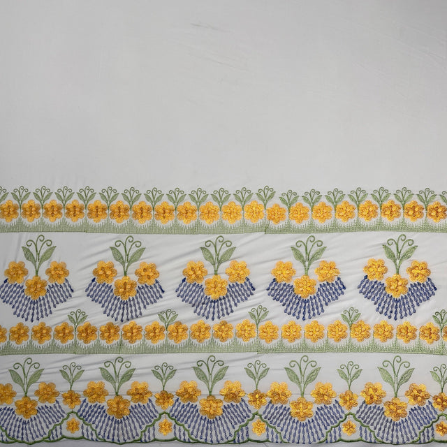 Hibiscus Double Border Embroidered Polyester Fabric - Floral Embroidery, Multi Color Border, 56" Width (1 Yard)