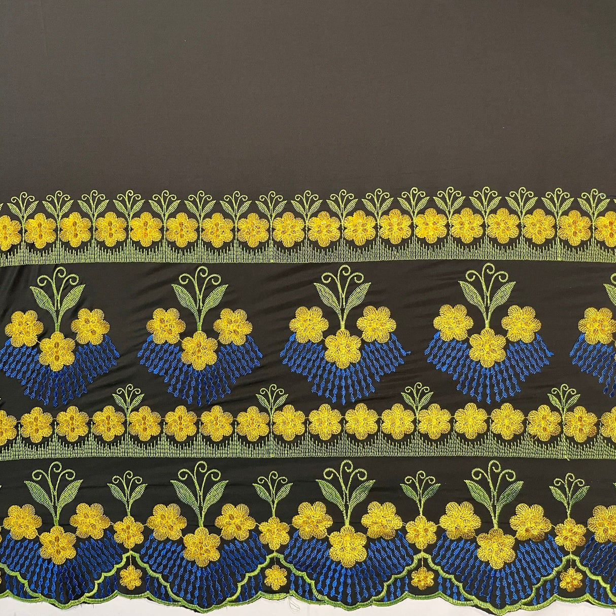 Hibiscus Double Border Embroidered Polyester Fabric - Floral Embroidery, Multi Color Border, 56" Width (1 Yard)