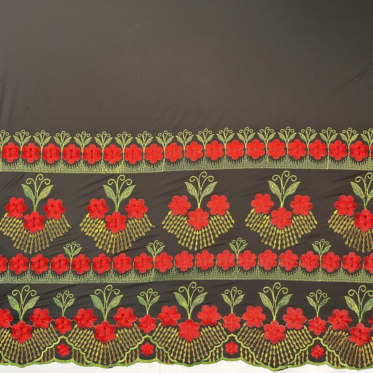 Hibiscus Double Border Embroidered Polyester Fabric - Floral Embroidery, Multi Color Border, 56" Width (1 Yard)