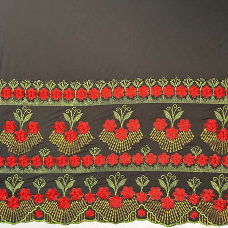 Hibiscus Double Border Embroidered Polyester Fabric - Floral Embroidery, Multi Color Border, 56" Width (1 Yard)