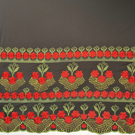 Hibiscus Double Border Embroidered Polyester Fabric - Floral Embroidery, Multi Color Border, 56" Width, 36" Yard Cut (1 Yard)