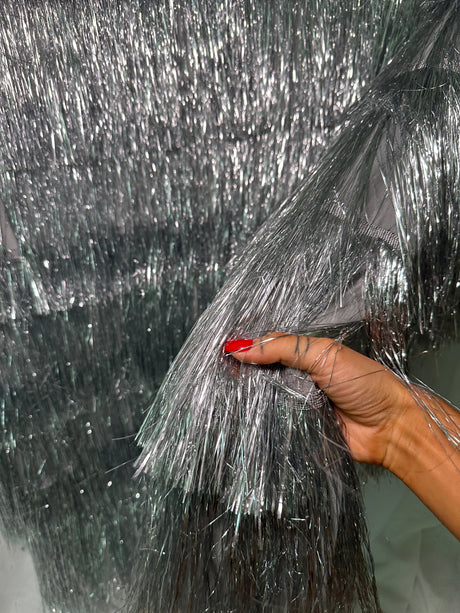 Silver Metallic Fringe Mesh Fabric