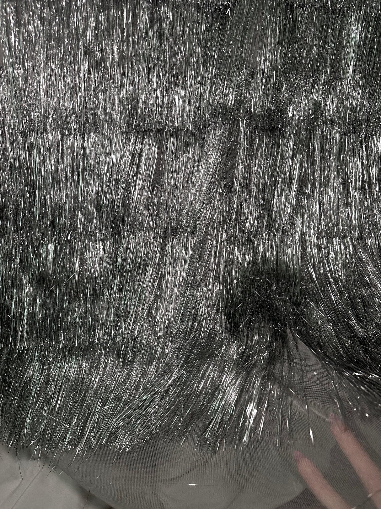 Silver Metallic Fringe Mesh Fabric