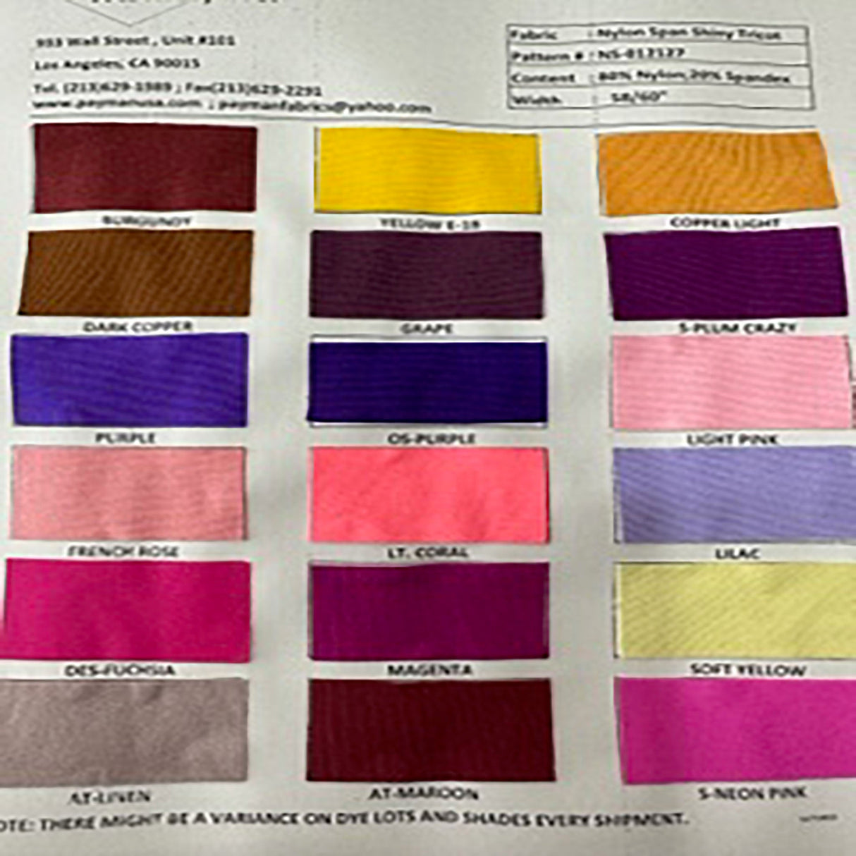 Nylon Spandex 4-Way Stretch Shiny Tricot Color Card