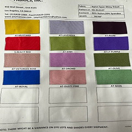 Nylon Spandex 4-Way Stretch Shiny Tricot Color Card