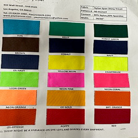 Nylon Spandex 4-Way Stretch Shiny Tricot Color Card