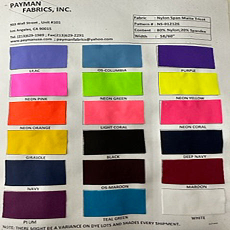Nylon Spandex Matte Tricot Color Card