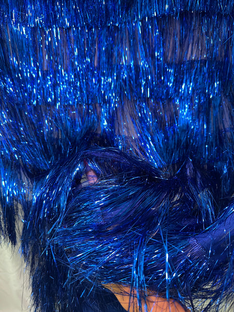 Metallic Fringe Mesh Fabric Royal Blue