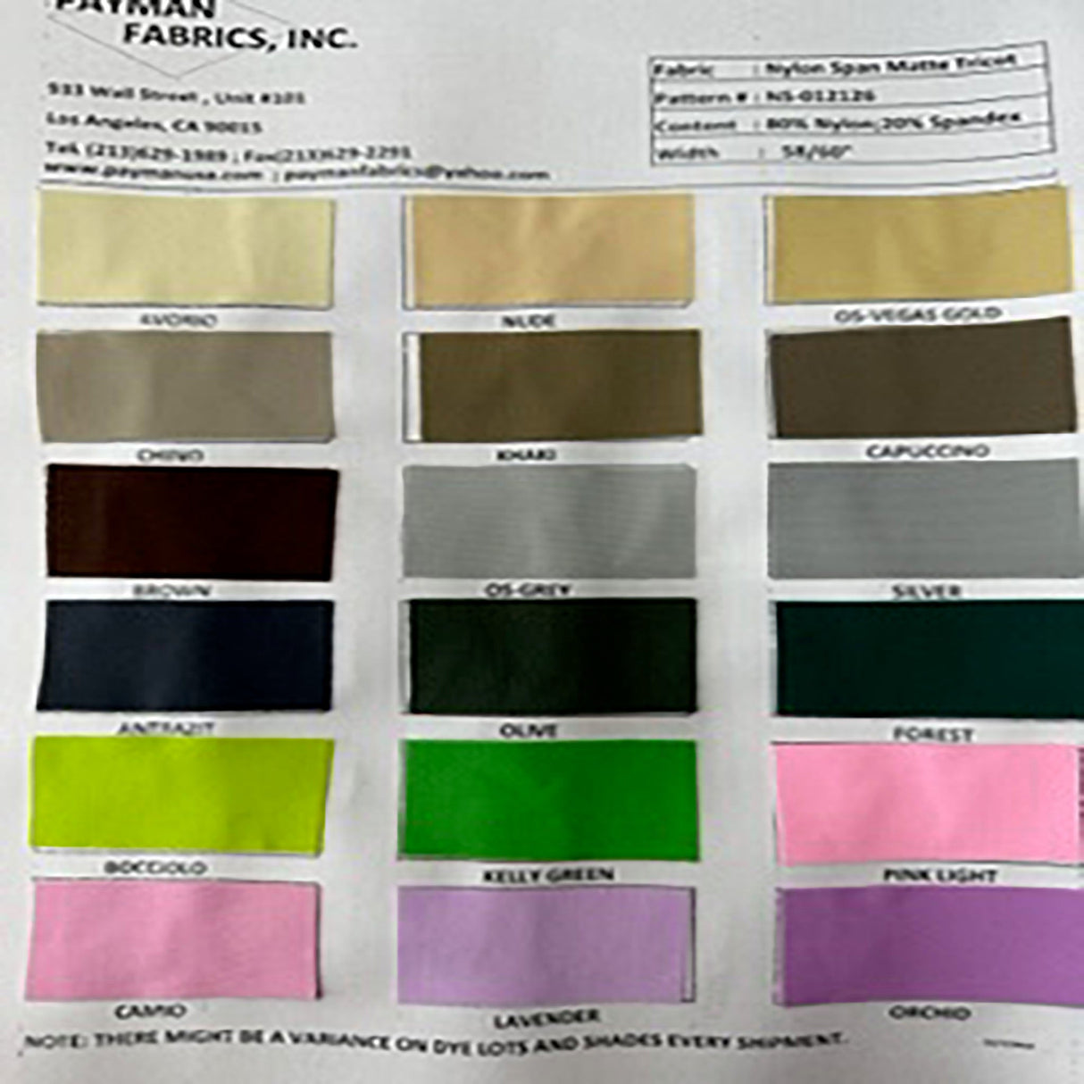Nylon Spandex Matte Tricot Color Card