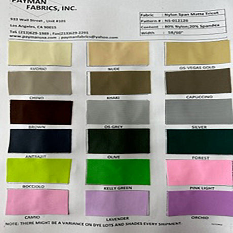 Nylon Spandex Matte Tricot Color Card