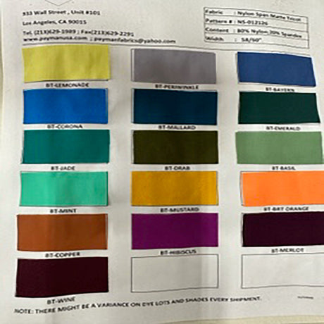 Nylon Spandex Matte Tricot Color Card
