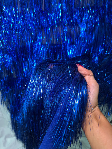 Metallic Fringe Mesh Fabric Royal Blue