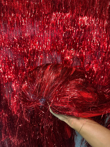 Red Fringe Metallic Mesh Fabric