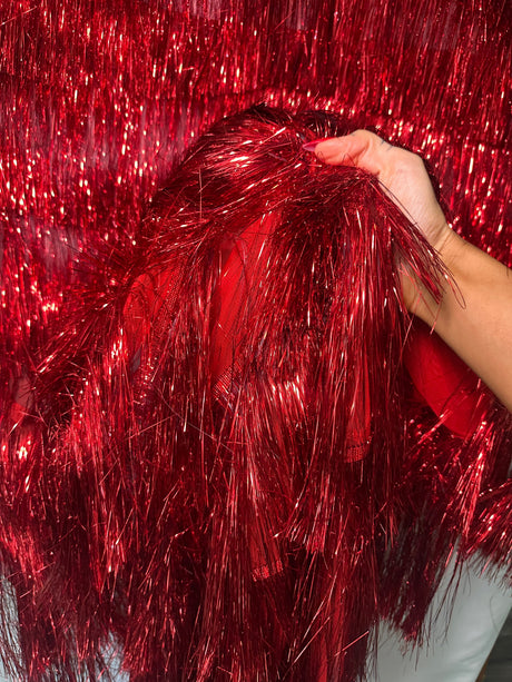 Red Fringe Metallic Mesh Fabric