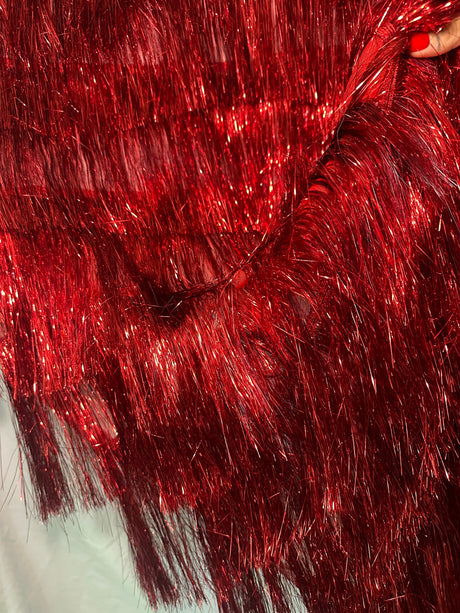 Red Fringe Metallic Mesh Fabric