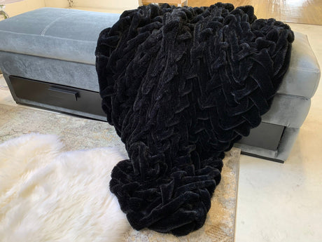 Braided Black White & Mocha Faux Fur Blanket Soft Cozy Throw & Coverlet 50x60 inches