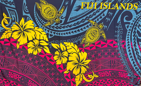 Fiji Islands Sarong Polyester Fabric - Fijian Tattoo Background, Hibiscus Clusters, Floating Turtles, 72" L X 45" W (1 Piece/Sarong)