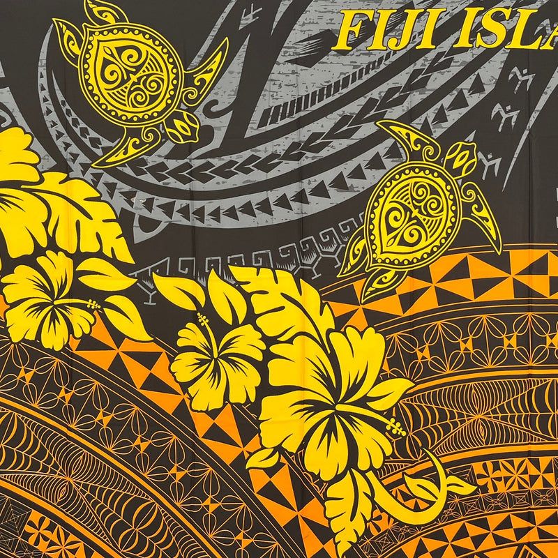Fiji Islands Sarong Polyester Fabric - Fijian Tattoo Background, Hibiscus Clusters, Floating Turtles, 72" L X 45" W (1 Piece/Sarong)