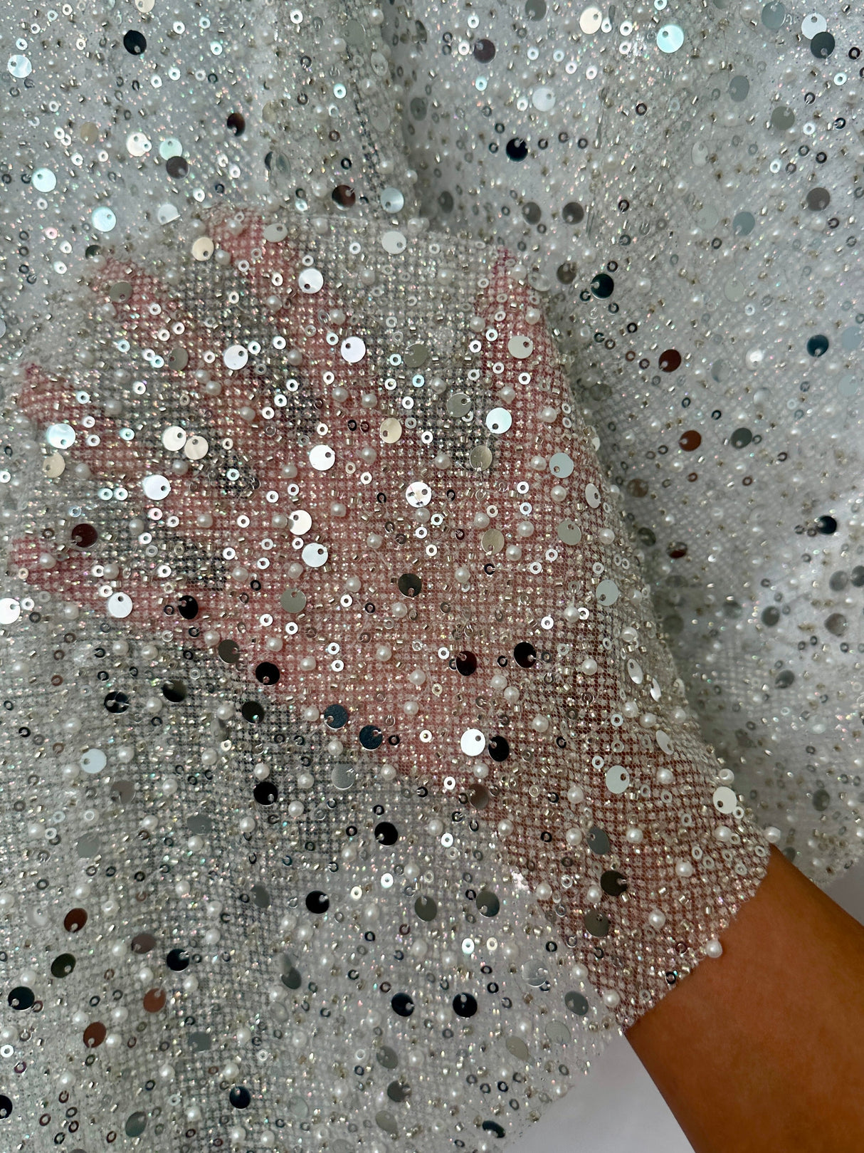 Stretch Silver Sequin Pearl Beaded Mesh