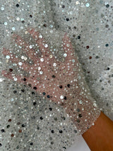 Stretch Silver Sequin Pearl Beaded Mesh